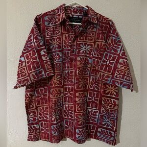 Pete Huntington Bali Batik Hawaiian Floral Shirt Men Red/blue Cotton Popover XL